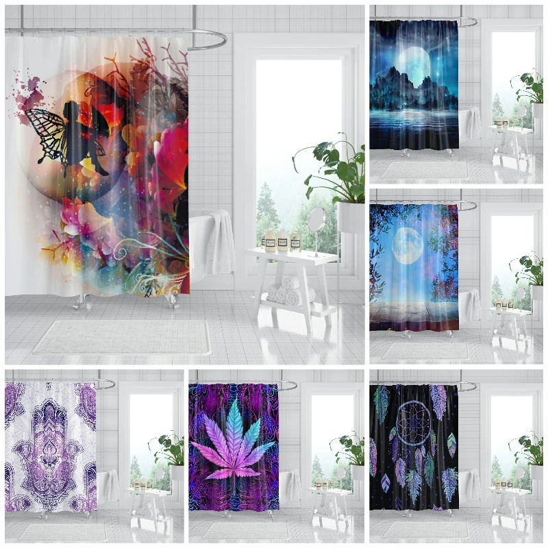 

Занавеска для душа с листьями растений, s рука Фатимы, фиолетовая, Экологически чистая, водонепроницаемая занавеска для ванной комнаты, аксессуары для ванны с крючками