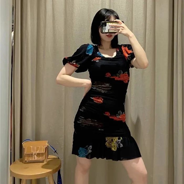 

Ruffles Trim O-Neck Women Mini Dress Floral Print Slim Vintage Short Sleeve Pleated Short Dresses 2021 Early Spring
