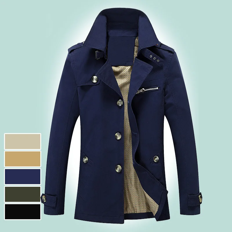 

2020 Men's Autumn Long Cotton Casual Windbreaker Youth Lapel Badges Solid Color Windbreaker