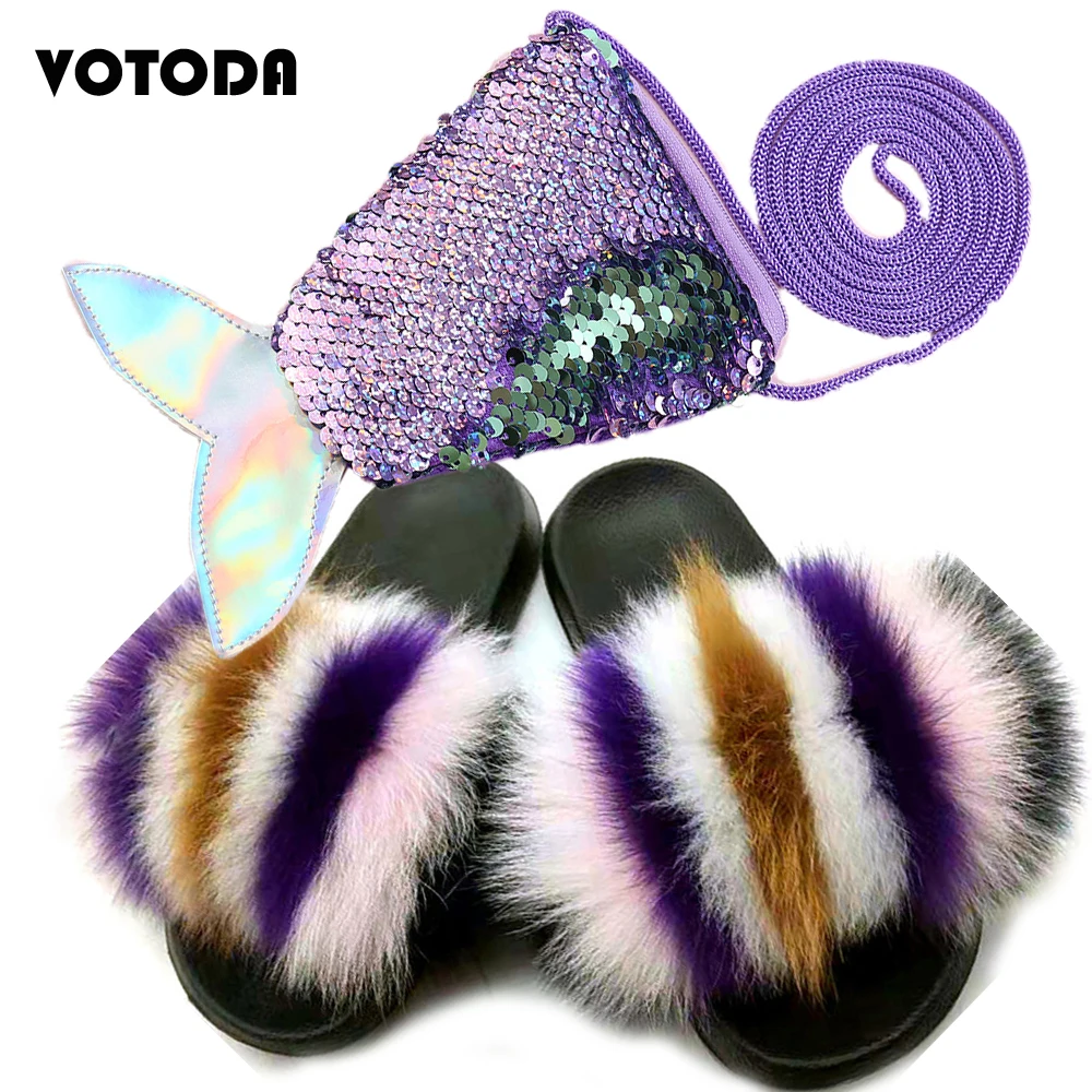 Шлепанцы детские из натурального Лисьего меха комплект с сумочкой и