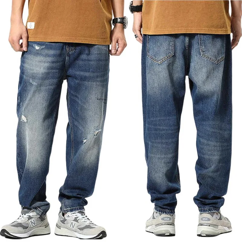 Casual Ripped Ankle-Length Jeans Men's Straight Denim Pants Jeans Men's Loose Wide-Leg Retro Classic Men Jeans