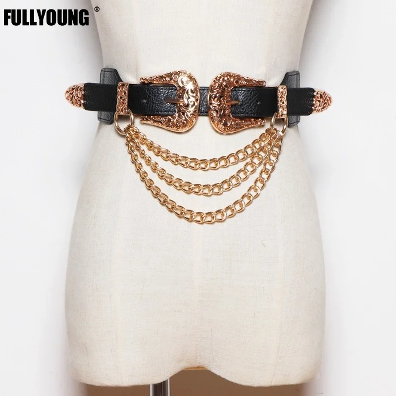 

New Fashion Pu Leather Personality Women Metal Leather Belts for Women Double Buckle Waist Belt Waistband High Quality Female