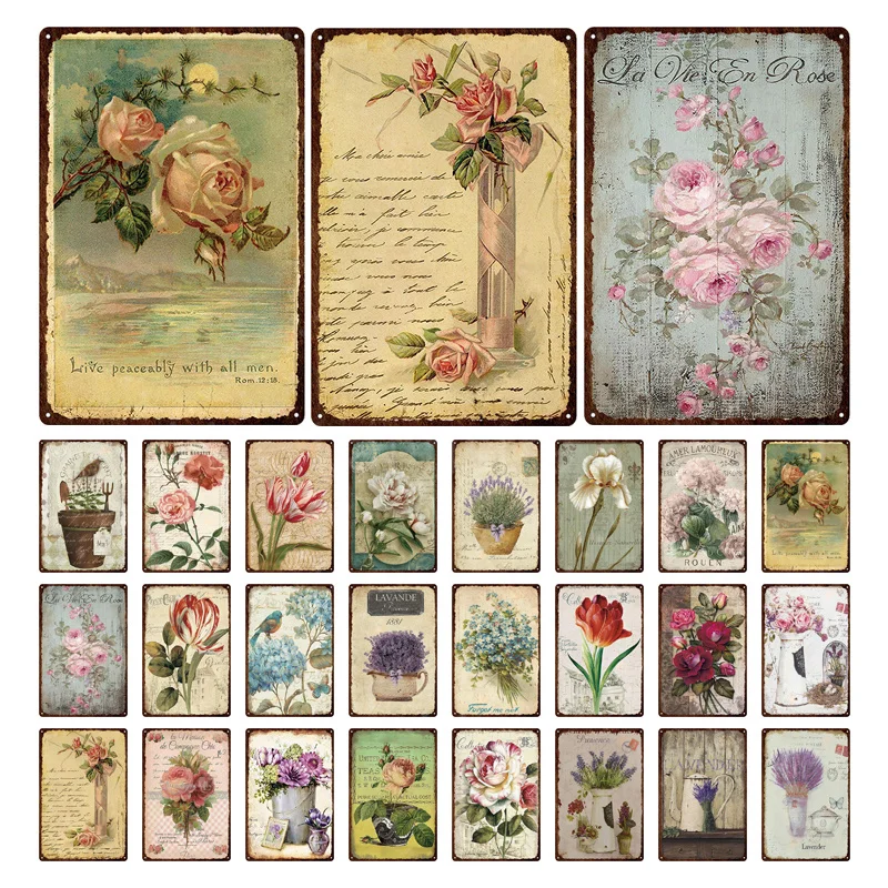 

Beauty Colorful Flowers Metal Plaque Tin Sign Retro Poster Rose Peony Lavender Plate Art Vintage Poster Garden Wall Decor Gift