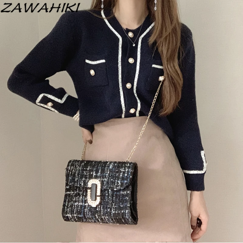 

ZAWAHIKI Cardigan for Women Vintage Casual Long Sleeve Tops V Neck Loose Chic Knitted Sweaters Korean Sweet Patchwork Cardigans