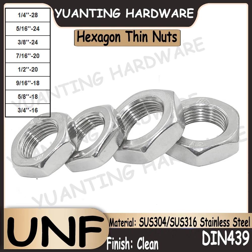 

2Pcs~20Pcs DIN439 SUS304/SUS316 1/4-28 5/16-24 3/8-24 7/16-20 1/2-20 Stainless Steel Hexagon Thin Nuts Chamfered with UNF Thread