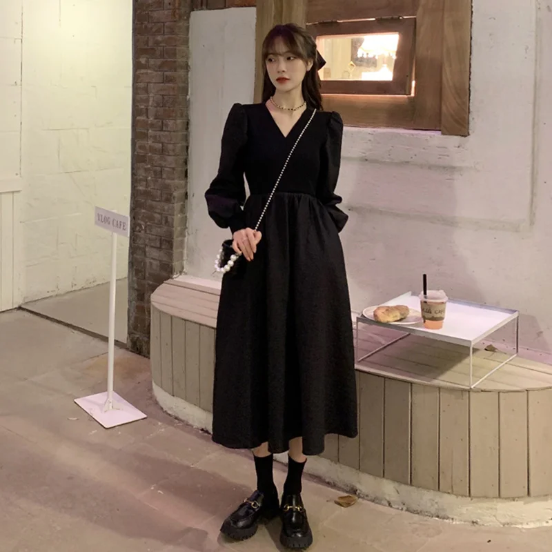 

Autumn Dress Black V-Neck Long Sleeve Dress Women's Spring And Autumn 2021 New French Style One Piece Dress