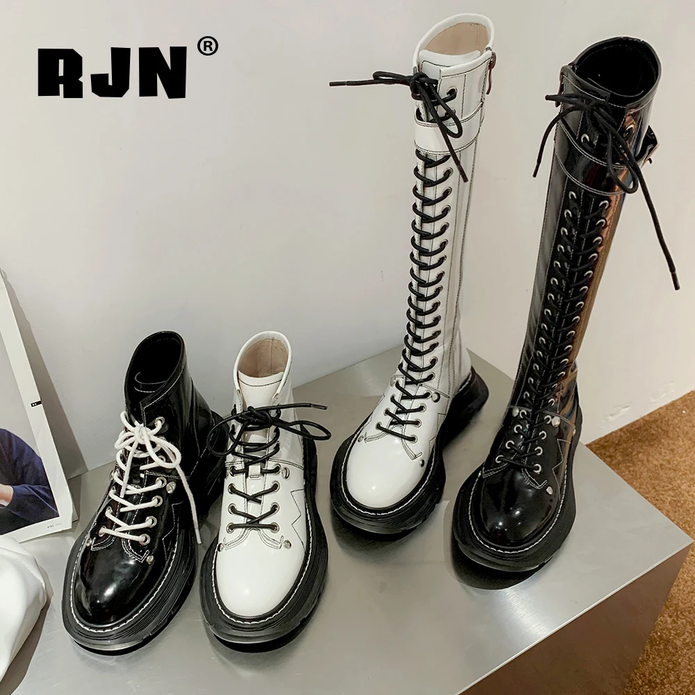 Beli RJN Kasual Platform Putaran Kaki Sepatu Bot Sabuk Gesper Kulit Asli Buatan Tangan Renda-Up Sepatu Wanita Bergaya Lutut Sepatu Bot Tinggi RO230