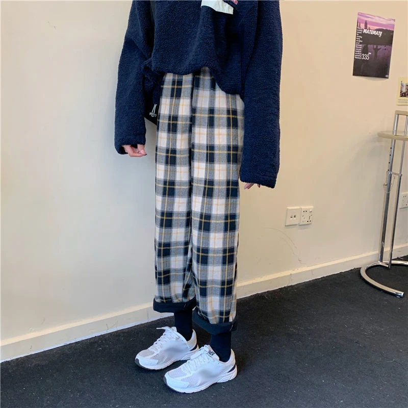 

GUIYIN Fashion Plaid Pants Women Elastic Waist Straight Full Length Casual Loose Pants For Women Sweatpants Women Korean 2020