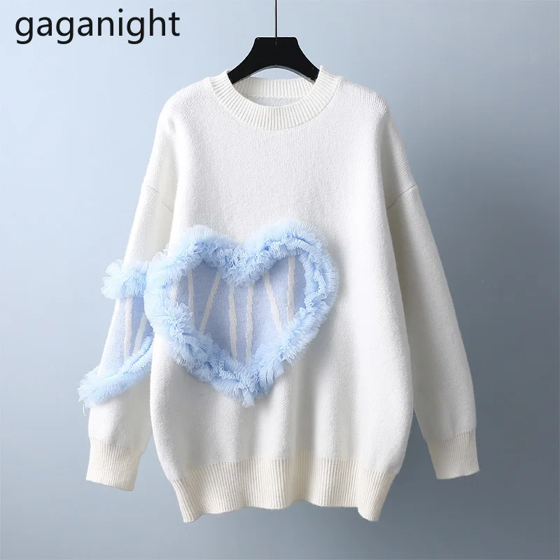 

Gaganight Sweet Women Lace Love Patchwork Long Sweater Solid Long Sleeves O Nech Fashion Pullover Girls Fall Winter Jumpers New