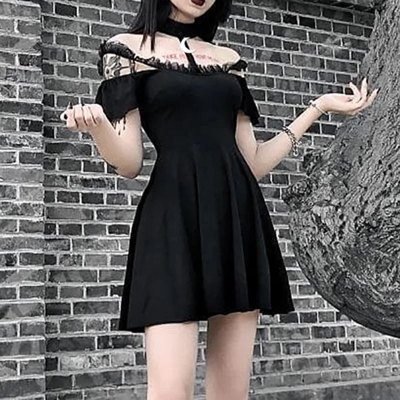 

GothGotik Gothic Cresent Sequin Lace Hollow Out Patchwork Halter Dress For Women Sweet Cool Casual Summer Streetwear Halloween