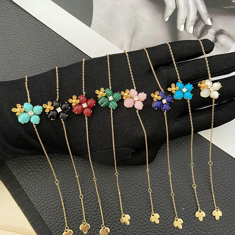 

Luxury Fashion Flower Natural Shell Stone Charm Bracelet For Woman Gold Chain Four-Leaf Clover Bracelet Girl Jewelry Gift
