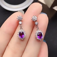 fashion crystal silver earrings for young girl 46mm vvs grade natural amethyst drop earrings 925 silver amethyst hook earrings