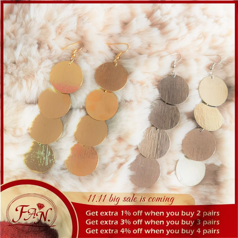 

2021 Pop Hot Sale Nice Gift for Charming Women Party Golden & Silver Color Metal 4 Round Pieces Big Simple Fashion Drop Earrings
