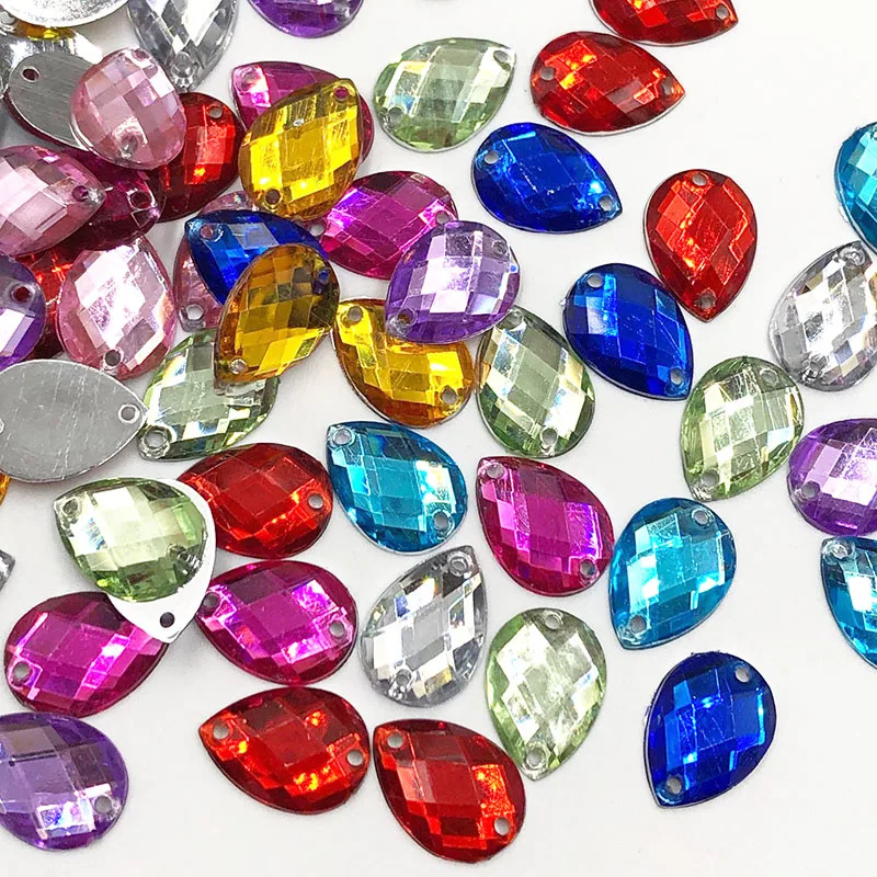100 шт./лот Акриловые Свободные Стразы в форме капли с двумя отверстиями для шитья