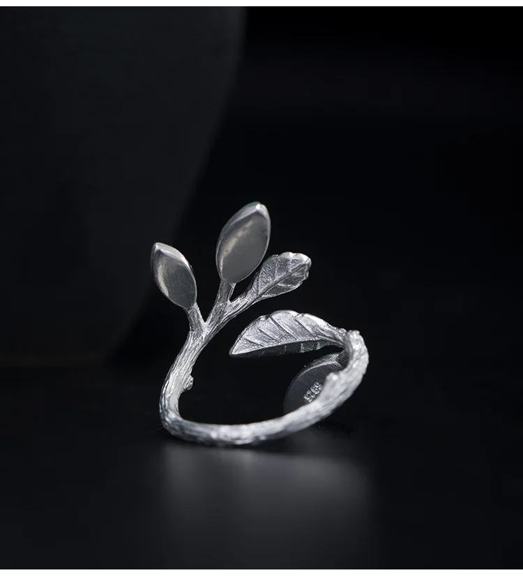 

Amxiu 925 Sterling Silver Handmade Jewelry Adjustable Open Ring Natural Jade Rings for Women Leaf Ring Bijoux Party Accessories