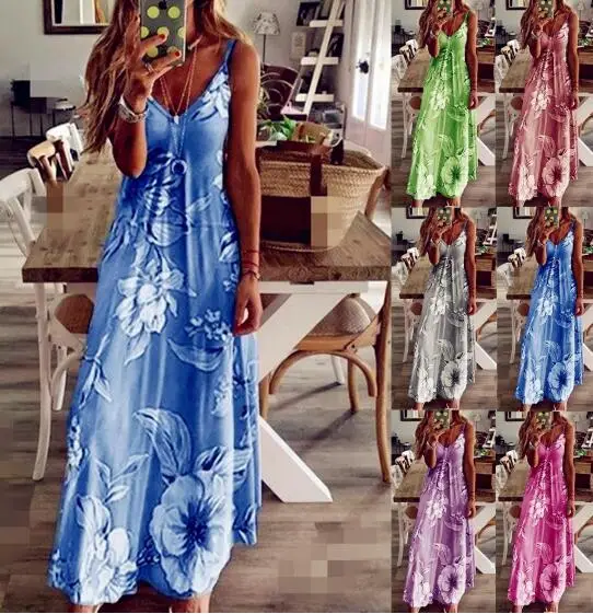 Женское платье макси на бретельках повседневное свободное большого размера с