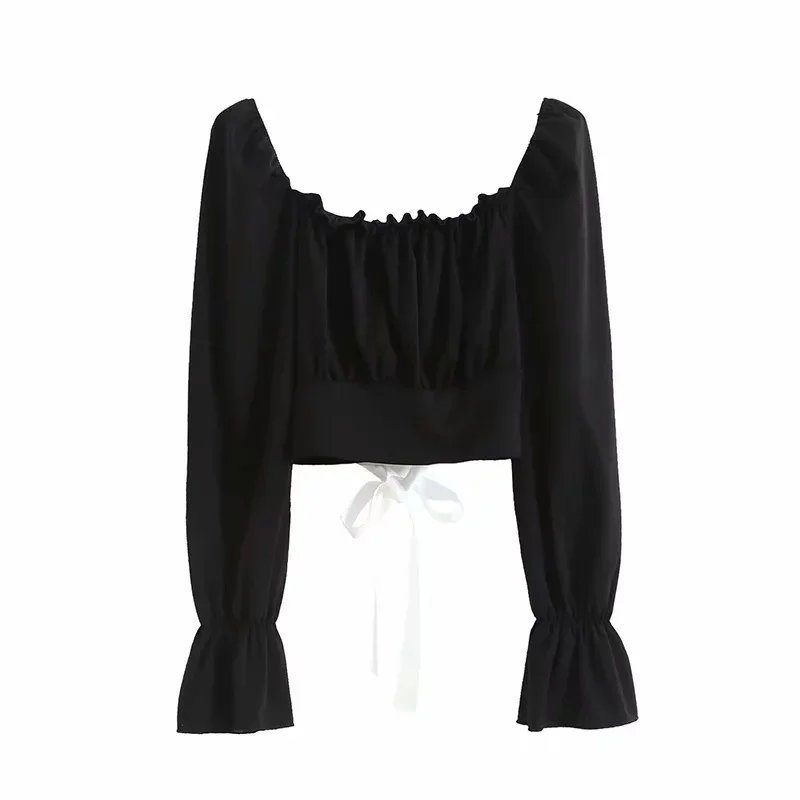 

Spring and summer new ladies court wind square collar cross strap horn sleeves long-sleeved shirt