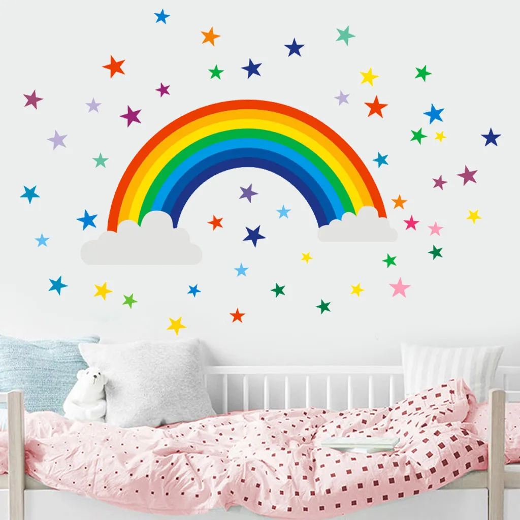 

Cartoon Rainbow Stars Wall Sticker For Kids Bedroom Living Room Decorations Wallpaper Color Mural Child Nursery Stickers #763