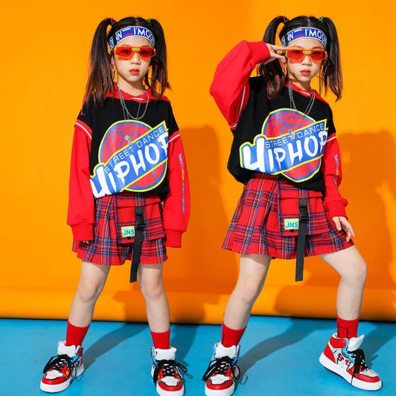 

Детская одежда для бальных танцев, свободная толстовка в стиле хип-хоп, клетчатая мини-юбка с длинным рукавом для девочек, костюм для джазов...