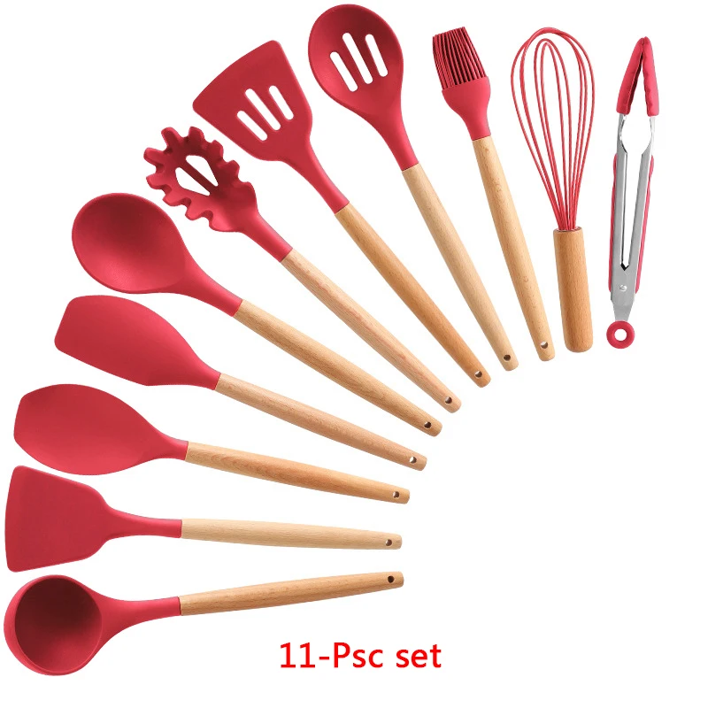 11-Pcs kitchen set 11-13 шт Силиконовая кухонная утварь набор кухонной утвари антипригарный шпатель Премиум деревянная ручка с ящиком для хранения кухонные инструменты - Цвет: 11-Pcs kitchen set