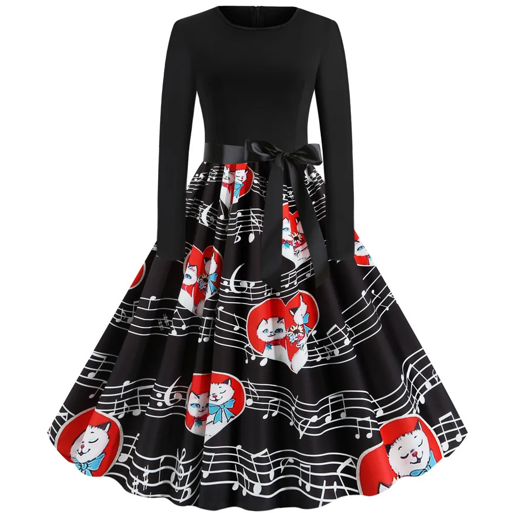 Женское винтажное платье с принтом черное в горошек длинным рукавом до колена