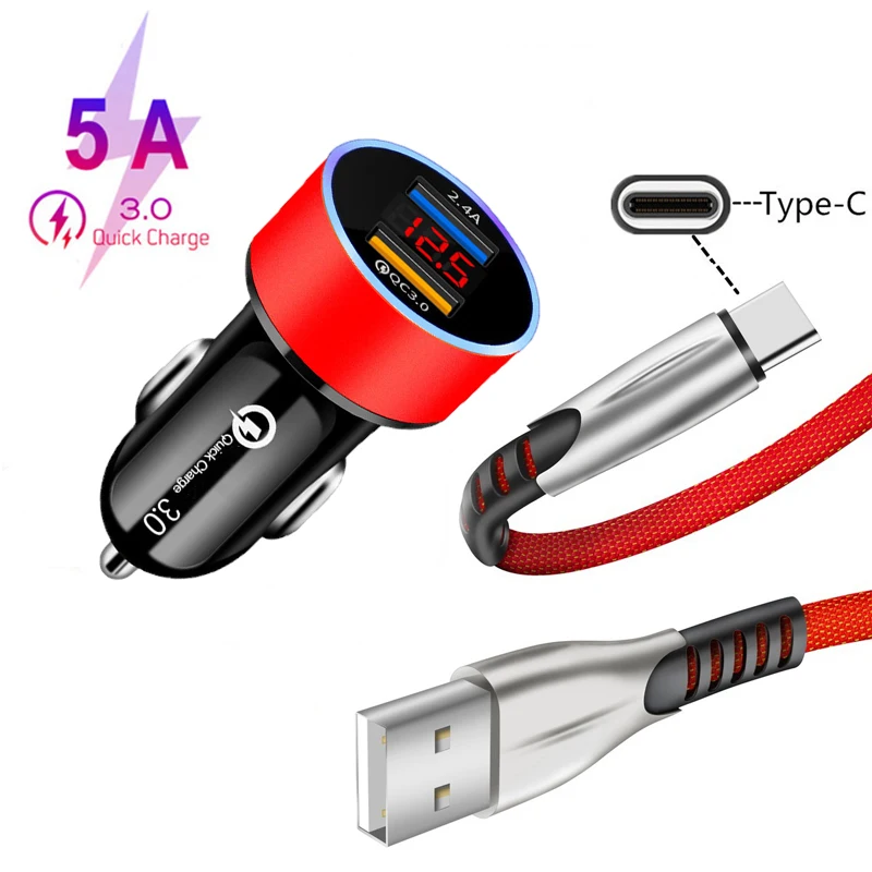 Автомобильное зарядное устройство QC 3 0 с двумя USB портами и кабелем Type C для OPPO A52 A92