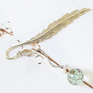 Ретро Винтажная закладка в виде пера, высушенные искусственные образцы, креативные металлические закладки, канцелярские принадлежности, подарок 19QA