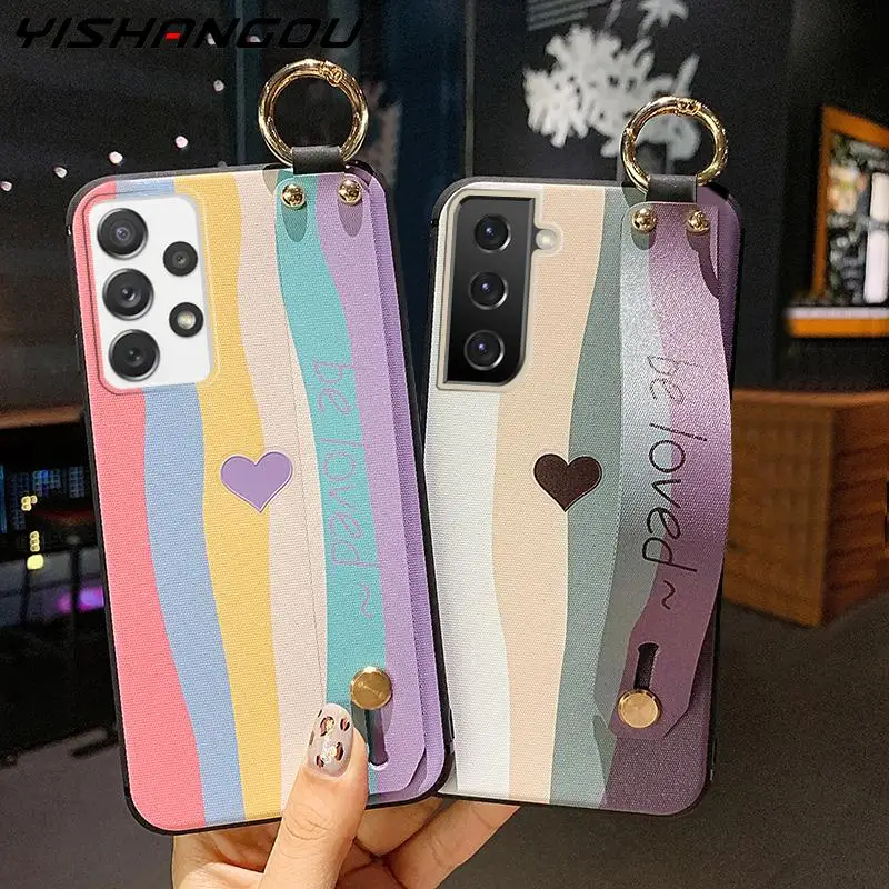 Coque For Samsung A52 A72 A42 5G A71 A51 A70 A50 A32 4G S21 FE S20 S10 S22 Plus Ultra Hand Strap Soft Patterned Case Cover