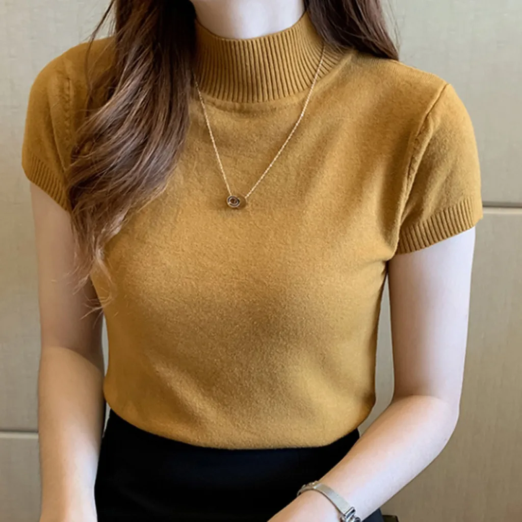 Женская Однотонная футболка водолазка топ с коротким рукавом свитер джемпер