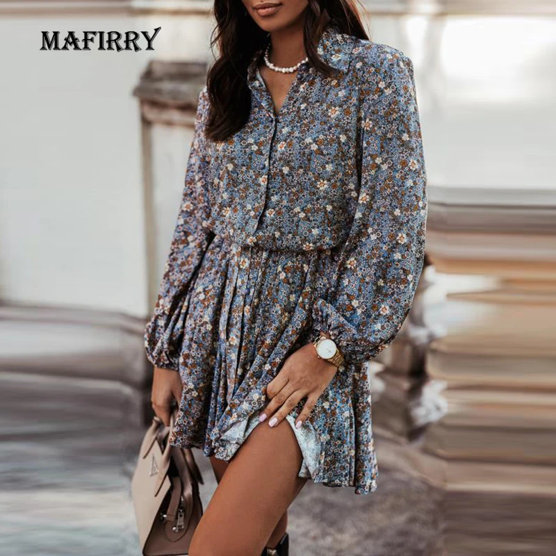 

Vintage Floral Printing Turn-Down Collar Sweet Mini Dress Spring Autumn Ruffle Long Sleeve Ladies Dress Casual Loose Streetwear