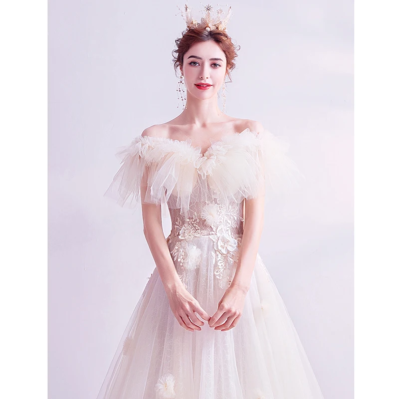 Sexy Off Shoulder Lace Up Court Train A-Line Wedding Dress 2020 Luxury Flowers Appliques Princess Bride Gown Robe De Mariage | Свадьбы и