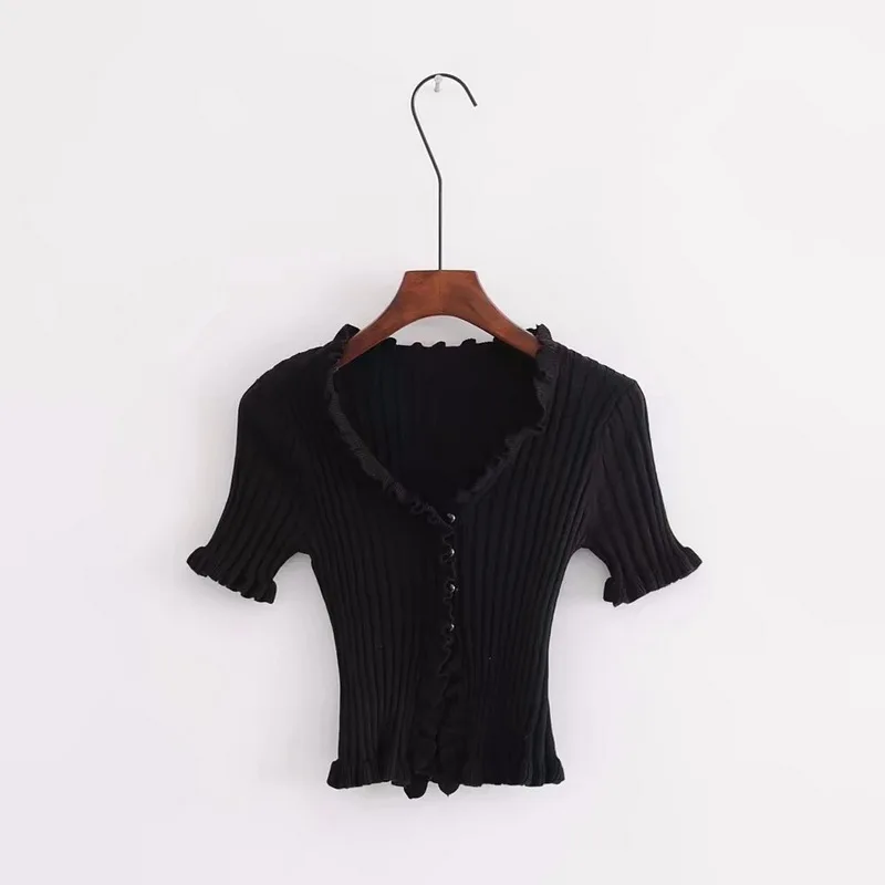 Black T Shirt Women Летняя женская трикотажная рубашка Харадзюку короткий рукав с оборками, укороченный топ, сексуальная уличная одежда, Женская забавная футболка с коротким рукавом - Цвет: Black T Shirt Women