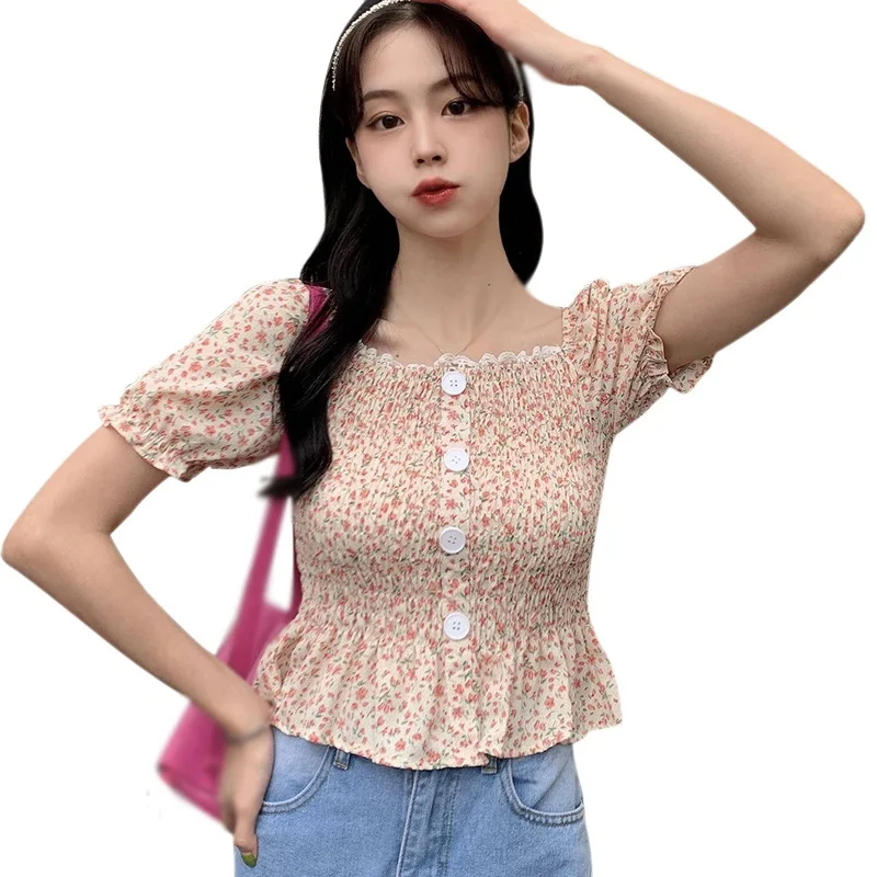 

Блузка женская шифоновая с квадратным вырезом, кружевная пикантная Милая рубашка с коротким рукавом, с цветочным принтом, Корейская милая, ...