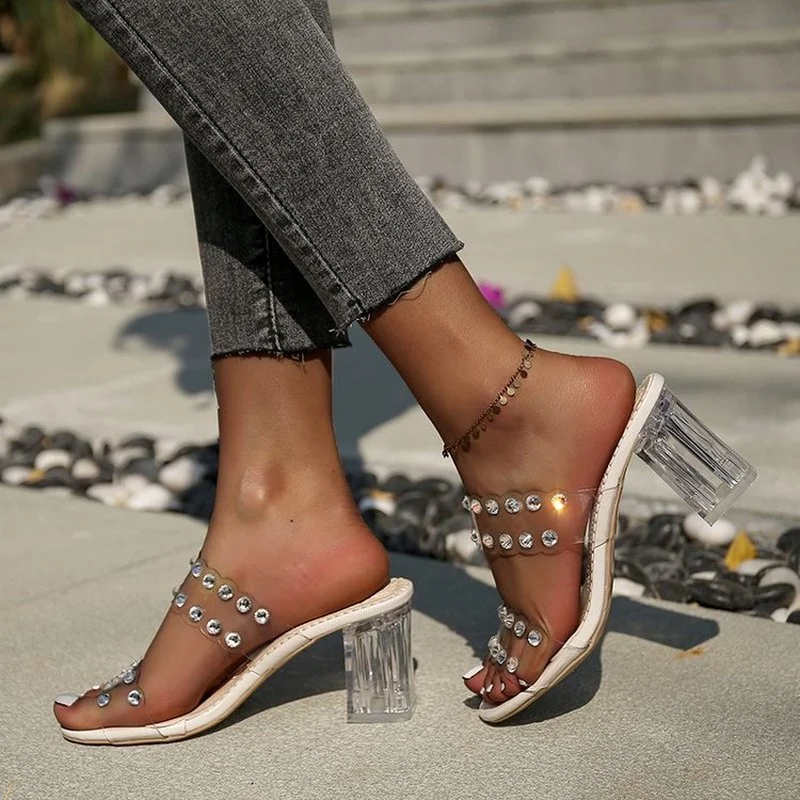 

After Lolita Dance 2021 Summer New Women's Shoes Western-style Square Toe Rhinestone Transparent Word with High-heeled Slippers