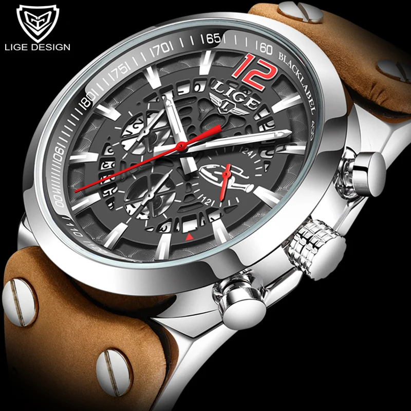 

Часы наручные LIGE мужские с хронографом, Спортивные кварцевые, с кожаным ремешком, модный подарок для мужчин, 2020