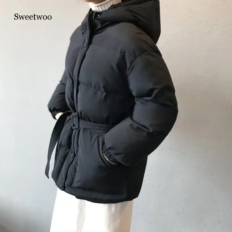 Jacket Women Streetwear Cotton Padded Winter Warm Coat Female Black Parkas with Sashes Korean Style Womens Clothing