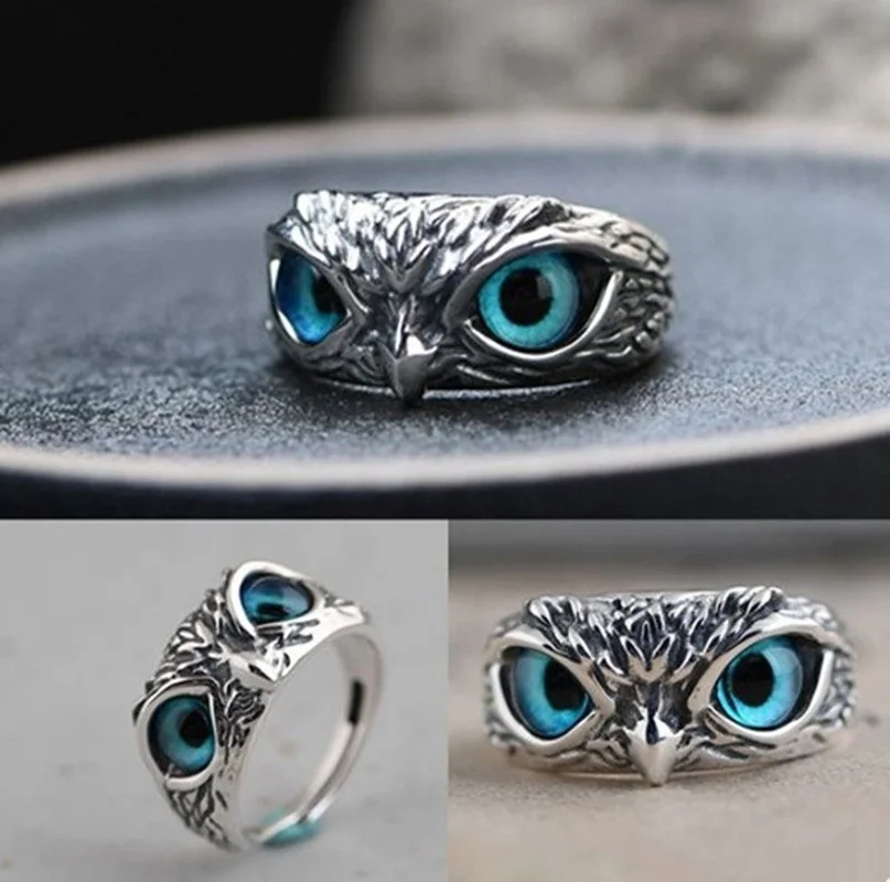 Creative Blue Cat's Eye Owl Ring for Women Men Vintang Unique Cute Animal | Rings
