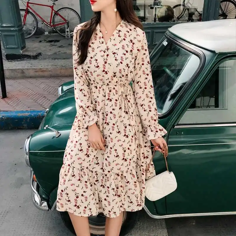 Винтажное шифоновое платье с v-образным вырезом и цветочным принтом женское