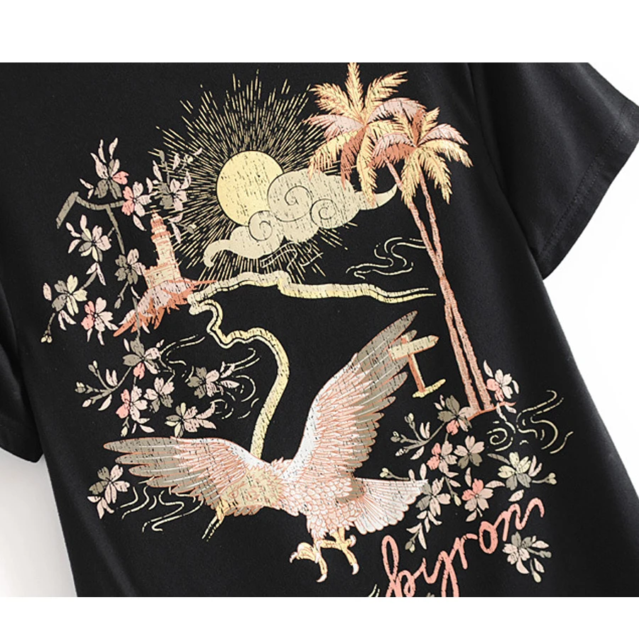 AYUALIN summer black t shirt for women cartoon print o-neck boho Tees short sleeve top casual beach wear Gypsy Knitted camis tee | Женская