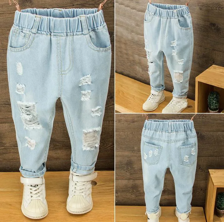 

Джинсы для мальчиков, детские штаны, рваные джинсовые штаны капри среднего размера для девочек с высокой талией Классический светильник-цв...