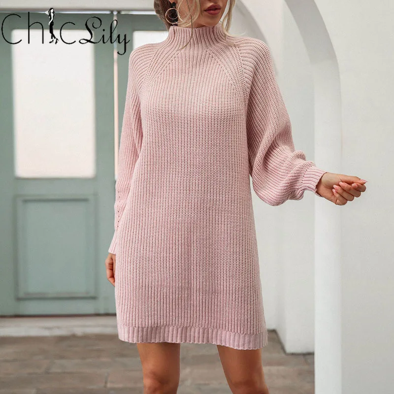 

Chiclily Turtleneck Long Sleeve Sweater Dress Women Autumn Winter Loose Tunic Knitted Casual Pink Gray Clothes Solid Dresses