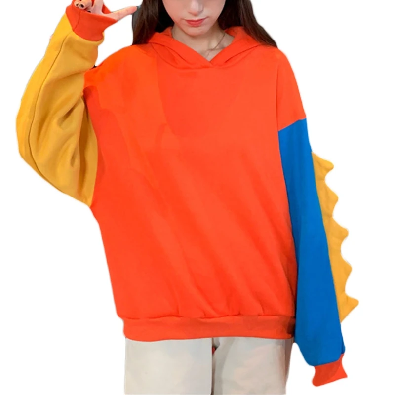 

LXAE Women Cute Kawaii Dinosaur Patchwork Hoodies Color Block Long Sleeve Sweatshirt Harajuku Oversized Cosplay Cartoon Tops