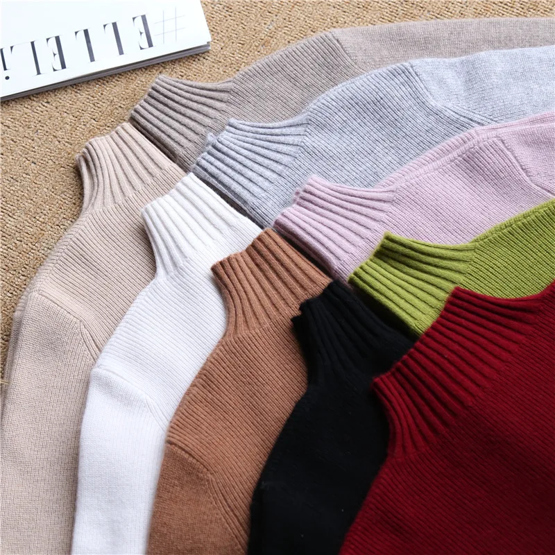 100% Wool Cashmere Knitted Sweater Women Vintage Solid Mock Neck Full Sleeve Female Pullover Elegant Luxury Jumpers Girls Tops