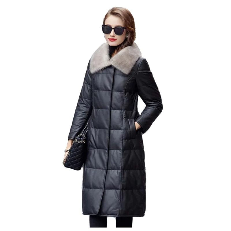 Leather Down Jacket Women's Autumn Winter Medium Length Sheepskin Coat Mink Fur Collar Leisure Slim Down Coat