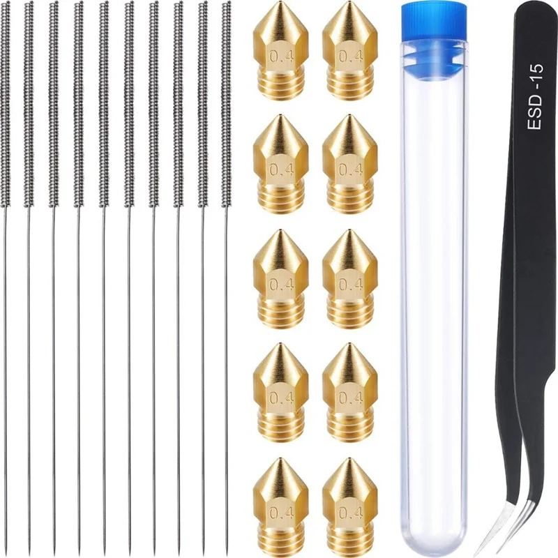 New 0.4 mm Mk8 Nozzle +10 Package 0.4 mm Needle + 1pcs Tweezers Tool Kit Stainless Steel Nozzler Cleaner For MK8 Makerbot