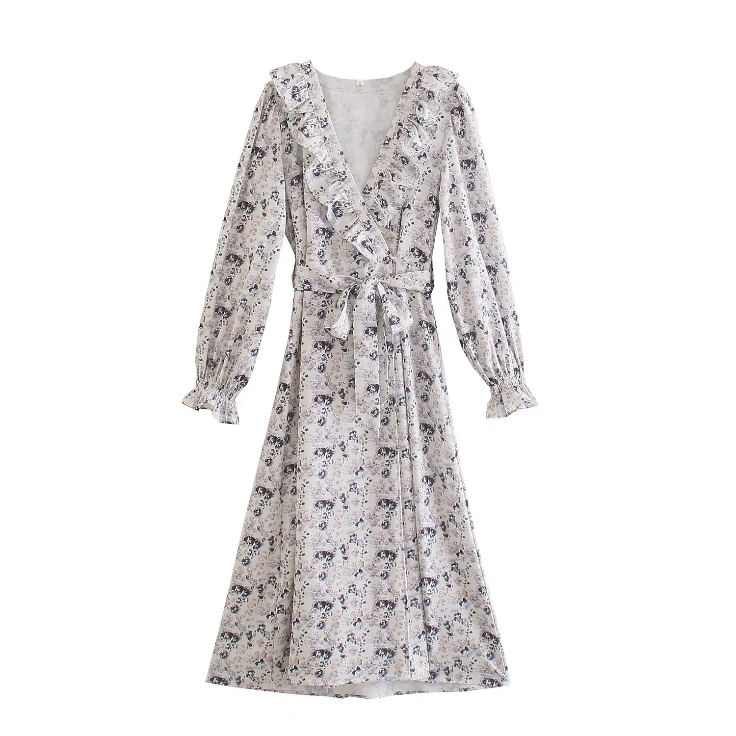 

Clazzaa Women Fashion With Belt Printed Side Slit Midi Dress Vintage Long Sleeve Ruffled V-Neck Casual Female Dresses