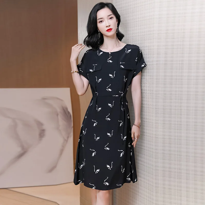 

Woman Print Dress 100% Silk Crepe Silk Dresses 2021 Summer Elegant Silk Cloth Vestidos