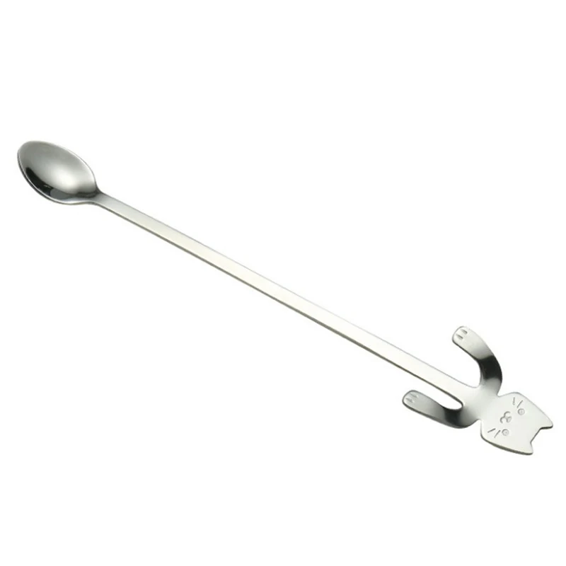 20cm Silver Ложки для кофе из нержавеющей стали, чайные ложки, ложки «кошка», чайная ложка для размешивания кофе десертный суповой ложки, длинные и короткие ручки - Цвет: 20cm Silver