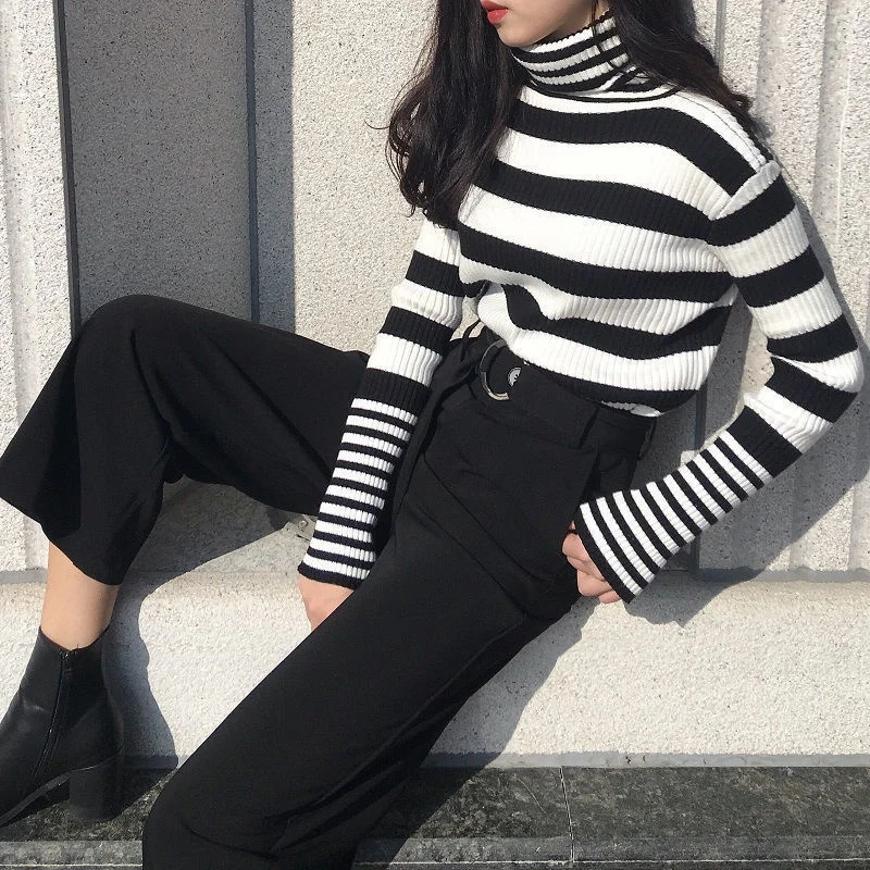 

Autumn Winter New Style Plus Long Sleeve Thickened High Neck Pullover Sweater Female Slim Striped Bottomed Fashion Trendy