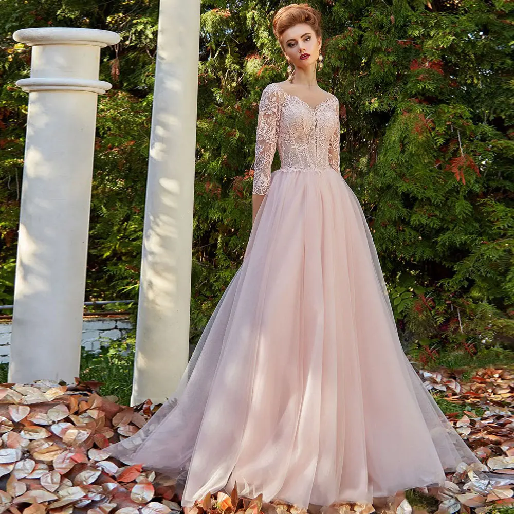

Pink A-line Net/Tulle Jewel Sweep/Brush Floor length Applique Button Evening Dresses Fashion 2021 high quality Intricate